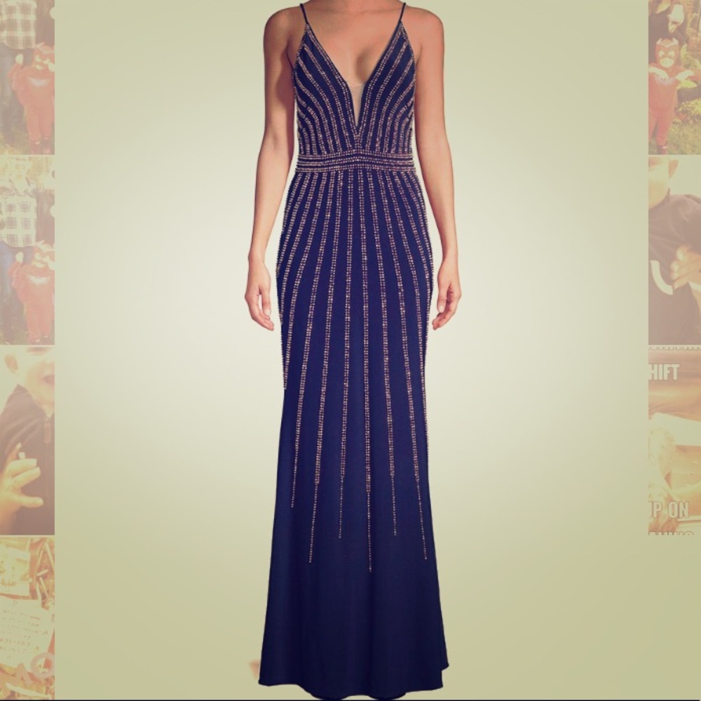 XSCAPE Rose Gold Beaded Floor Length Gown
